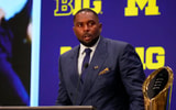 Sherrone Moore speaks to the media during the Big Ten NCAA college football media days at Mandalay Bay Resort. Mandatory Credit: Lucas Peltier-Imagn Images
