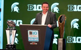 Michigan State head coach Jonathan Smith speaks to the media during the Big Ten NCAA college football media days at Mandalay Bay Resort. - Lucas Peltier, USA TODAY Sports