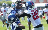 Former Kentucky Wildcats Dru Phillips and Wan'Dale Robinson battle at New York Giants training camp, via Vincent Carchietta-Imagn Images