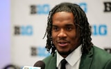 Michigan State linebacker Jordan Hall speaks to the media during the Big Ten NCAA college football media days at Mandalay Bay Resort. - Lucas Peltier, USA TODAY Sports