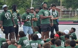 Michigan State DE Jalen Thompson addresses campers at his youth camp on Saturday at Harper Woods High School (photo by Kenny Jordan for SpartanMag.com).