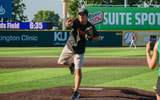 A Mountain Dew banner hang's over the head of the pride of Bullitt County, Shannon the Dude, as he tosses a first pitch at the Lexington Legends game (via Mario Maitland).