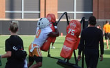TE Ethan Davis gets in work in a sled drill
