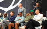 July 19, 2025; North Augusta, South Carolina, USA; NBA star Carmelo Anthony (center right) talks to University of Kentucky basketball coach Mark Pope (right) during the Team Why Not and Team CP3 game at the Nike EYBL Peach Jam at Riverview Park Activity Center. Team Why Not won 66-63. Mandatory Credit: Katie Goodale - Augusta Chronicle/USA TODAY NETWORK