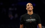 Las Vegas Aces center A'ja Wilson (22) stands on the court before the start of the game against the Golden State Valkyries at the Chase Center. Mandatory Credit: Cary Edmondson-Imagn Images