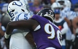 Indianapolis Colts QB Anthony Richardson suffers an injury on a sack by David Ojabo