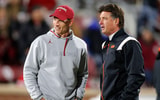 Oklahoma coach Brent Venables, left, and Oklahoma State coach Mike Gundy before a Bedlam college football game between the University of Oklahoma Sooners (OU) and the Oklahoma State University Cowboys (OSU) at Gaylord Family-Oklahoma Memorial Stadium in Norman, Okla., Saturday, Nov. 19, 2022. (© BRYAN TERRY/THE OKLAHOMAN / USA TODAY NETWORK)