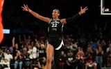 Las Vegas Aces center A'ja Wilson (22) reacts during the second half of a WNBA basketball game against the Connecticut Sun at Michelob Ultra Arena. Mandatory Credit: Lucas Peltier-Imagn Images