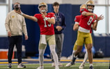 Notre Dame QBs coach Gino Guidugli with quarterbacks CJ Carr (13) and Kenny Minchey (8)