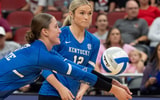 Brooklyn DeLeye (17) digs a ball during a Kentucky volleyball game at the Yum Center, via
