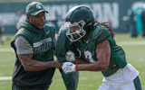 Michigan State's Rodney Bullard Jr. (3) is blocked at a practice with pads at the Michigan State practice field Tuesday, Aug. 5, 2025. - Robert Killips, USA TODAY Sports