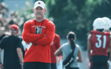 Louisville Cardinals head football coach Jeff Brohm at a morning practice Wednesday. July 30, 2025. The Cardinals' 2024 record: 9–4, 5–3 in the ACC.