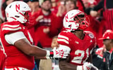 Nebraska football RB Emmett Johnson (right) and OL Justin Evans during the 2024 season