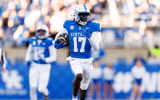 Nov 16, 2024; Lexington, Kentucky, USA; Kentucky Wildcats wide receiver Hardley Gilmore IV (17) carries the ball during the second quarter against the Murray State Racers at Kroger Field. Mandatory Credit: Jordan Prather-Imagn Images