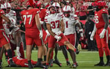 Nebraska football defensive back Donovan Jones celebrates during the Huskers' 20-17 win over Cincinnati at Arrowhead Stadium