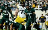 Michigan State's Nikai Martinez celebrates a defensive stop against Iowa in the first quarter on Saturday, Oct. 19, 2024, at Spartan Stadium in East Lansing. - Nick King, USA TODAY Sports
