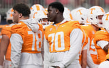 Tennessee offensive lineman David Sanders Jr. (70) on the sidelines during the Aflac Kickoff Game between the Volunteers and Syracuse held at Mercedes-Benz Stadium in Atlanta, Ga., on August 30, 2025.