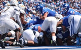 Zach Calzada rushes for touchdown behind Kentucky offensive line (Photo via Dr. Michael Huang, Kentucky Sports Radio)