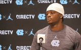 North Carolina's Kaleb Cost addresses the media following Monday's loss to TCU.
