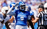 Aug 30, 2025; Lexington, Kentucky, USA; Kentucky Wildcats linebacker Alex Afari Jr. (3) reacts after a defensive play during the third quarter against the Toledo Rockets at Kroger Field. Mandatory Credit: Jordan Prather-Imagn Images