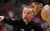 Jan 28, 2025; Louisville, Kentucky, USA; Louisville Cardinals head coach Pat Kelsey talks with center Frank Anselem-Ibe (13) during the second half against the Wake Forest Demon Deacons at KFC Yum! Center. Louisville defeated Wake Forest 72-59. Mandatory Credit: Jamie Rhodes-Imagn Images