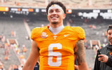 Tennessee quarterback Joey Aguilar (6) smiles as he walks off the field toward his family after Tennessee's home opener against ETSU at Neyland Stadium in Knoxville, Tenn., on Sept. 6, 2025.