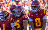 USC players Eli Sanders, Jayden Maiava, Makai Lemon and Ja'Kobi Lane celebrate a Trojan touchdown
