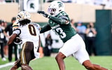 Michigan State's Malik Spencer, right, tackles Western Michigan's Tailique Williams during the first quarter on Friday, Aug. 29, 2025, in East Lansing. (© Nick King/Lansing State Journal / USA TODAY NETWORK via Imagn