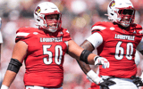 Louisville Cardinals offensive lineman Pete Nygra (50) and Louisville Cardinals offensive lineman Rasheed Miller (60) during the Cards' 51-17 win over Eastern Kentucky University at the Cardinals' season opener Saturday, August 30, 2025 at L&N Federal Credit Union Stadium in Louisville, Kentucky.
