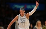 Las Vegas Aces center A'ja Wilson (22) celebrates after a 3 pointer during the second half against the Los Angeles Sparks at Crypto.com Arena. Mandatory Credit: Jayne Kamin-Oncea-Imagn Images