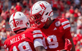 Nebraska football WRs Quinn Clark (18) and Cortez Mills Jr. celebrate during the Huskers' 59-7 win over Houston Christian