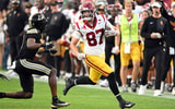 USC Trojans tight end Lake McRee (87) looks to get past Purdue Boilermakers defensive back Tony Grimes (0) during the second quarter at Ross-Ade Stadium
