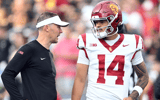USC Trojans quarterback Jayden Maiava (14) talks with Southern California Trojans head coach Lincoln Riley before the game against the Purdue Boilermakers at Ross-Ade Stadium