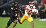 USC Trojans wide receiver Ja'Kobi Lane (8) catches a pass in front of Purdue Boilermakers defensive back Hudauri Hines (4) during the second half at Ross-Ade Stadium