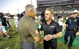 North Texas Mean Green head coach Eric Morris greets Army Black Knights head coach Jeff Monken after Army’s 14-3 win during the second half at DATCU Stadium. Mandatory Credit- Danny Wild-Imagn Images A