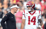 Southern California Trojans quarterback Jayden Maiava (14) talks with Southern California Trojans head coach Lincoln Riley before the game against the Purdue Boilermakers at Ross-Ade Stadium. - Marc Lebryk, USA TODAY Sports