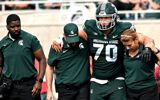 Michigan State's Luka Vincic walks off the field after an injury against Youngstown State during the second quarter on Saturday, Sept. 13, 2025, at Spartan Stadium in East Lansing. - Nick King, USA TODAY Sports