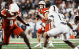 Louisville Cardinals quarterback Miller Moss (7) drops back while looking to pass in the first half. The Cards' beat the visiting Dukes 28-14 Friday September 5, 2025 at L&N Credit Union Stadium in Louisville, Kentucky.