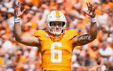 Angelina Alcantar/News Sentinel / USA TODAY NETWORK via Imagn Images | Tennessee quarterback Joey Aguilar (6) celebrates a successful drive during the NCAA college football game against UAB on September 20, 2025, in Knoxville, Tennessee.