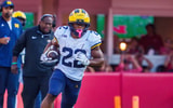 Michigan Wolverines football running back Justice Haynes rushed for 149 yards and a touchdown in a win over Nebraska. (Photo by Dylan Widger-Imagn Images)