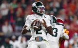 Michigan State Spartans quarterback Aidan Chiles (2) drops back to pass against the Southern California Trojans during the second half at the Los Angeles Memorial Coliseum. - Gary A. Vasquez, USA TODAY Sports