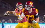 UC quarterback Jayden Maiava passes behind protection from Tobias Raymond