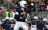 PSU QB Drew Allar drops back to pass against Villanova. (Photo by Matthew O'Haren-Imagn Images)