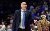 Feb 19, 2025; Lexington, Kentucky, USA; Kentucky Wildcats head coach Mark Pope calls for a player from the bench during the first half against the Vanderbilt Commodores at Rupp Arena at Central Bank Center. Mandatory Credit: Jordan Prather-Imagn Images
