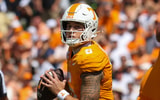 Sep 20, 2025; Knoxville, Tennessee, USA;  Tennessee Volunteers quarterback Joey Aguilar (6) looks to pass the ball against the UAB Blazers during the first quarter at Neyland Stadium. Mandatory Credit: Randy Sartin-Imagn Images