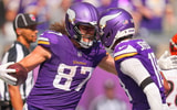 TJ Hockenson caught a touchdown pass in the Vikings win over Cincinnati. (Photo by Brad Rempel-Imagn Images)