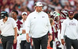 Sep 13, 2025; Starkville, Mississippi, USA; Mississippi State Bulldogs head coach Jeff Lebby looks on during the first half against the Alcorn State Braves at Davis Wade Stadium at Scott Field. Mandatory Credit: Wesley Hale-Imagn Images