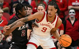 Nov 27, 2024; Paradise Island, Bahamas, BHS; Louisville Cardinals forward Khani Rooths (9) reacts with Louisville Cardinals guard Terrence Edwards Jr. (5) after scoring during the second half against the Indiana Hoosiers at the Atlantis Resort. Mandatory Credit: Kevin Jairaj-Imagn Images
