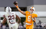 Sep 27, 2025; Starkville, Mississippi, USA; Tennessee Volunteers quarterback Joey Aguilar (6) throws the ball against the Mississippi State Bulldogs during the second half at Davis Wade Stadium at Scott Field. Mandatory Credit: Wesley Hale-Imagn Images