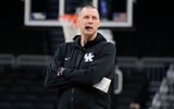 Mar 20, 2025; Milwaukee, WI, USA; Kentucky Wildcats head coach Mark Pope looks on during NCAA Tournament First Round Practice at Fiserv Forum. Mandatory Credit: Jeff Hanisch-Imagn Images
